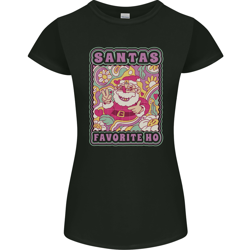 Santa's Favourite HO Funny Hippy Trippy Christmas Womens Petite Cut T-Shirt Black