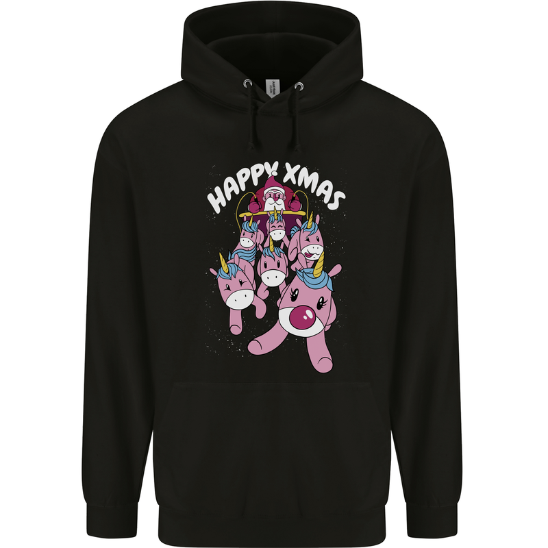 Santa's Sleight Pulled By Christmas Unicorns Xmas Childrens Kids Hoodie Black