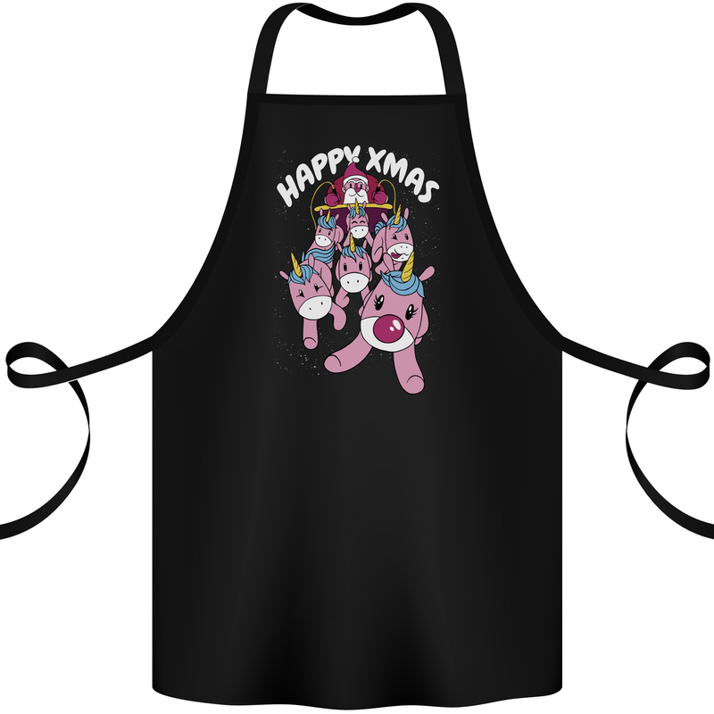 Santa's Sleight Pulled By Christmas Unicorns Xmas Cotton Apron 100% Organic Black