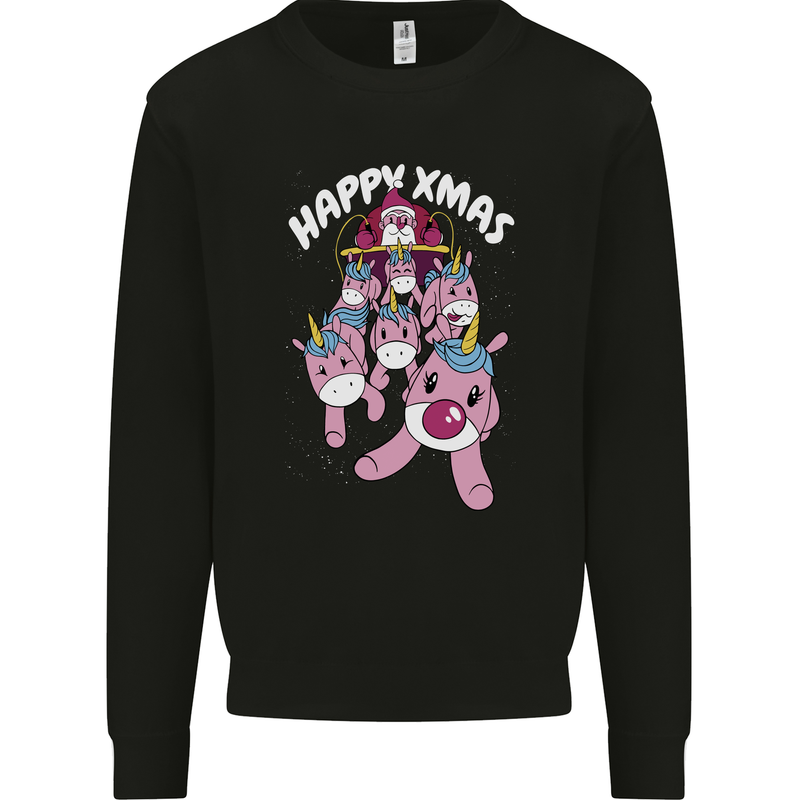 Santa's Sleight Pulled By Christmas Unicorns Xmas Kids Sweatshirt Jumper Black