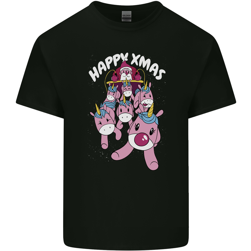 Santa's Sleight Pulled By Christmas Unicorns Xmas Mens Cotton T-Shirt Tee Top Black
