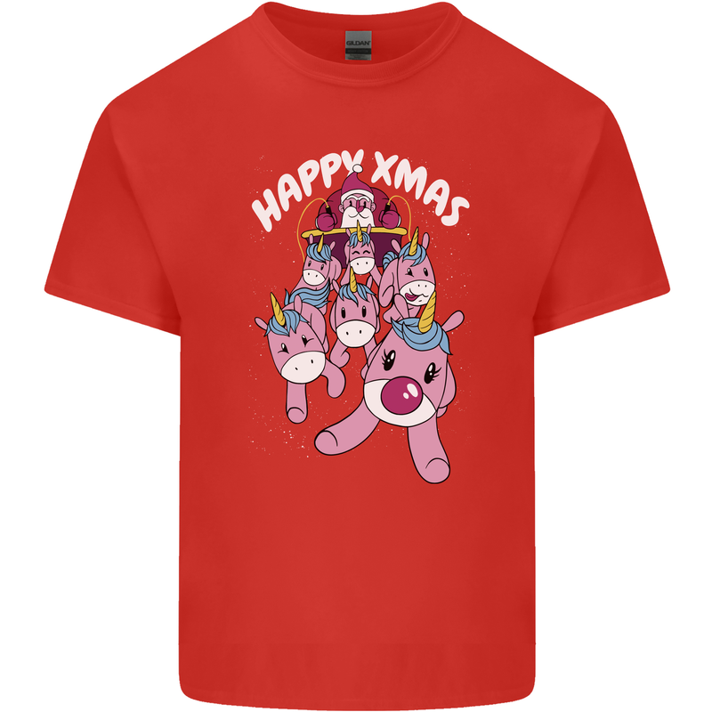 Santa's Sleight Pulled By Christmas Unicorns Xmas Mens Cotton T-Shirt Tee Top Red