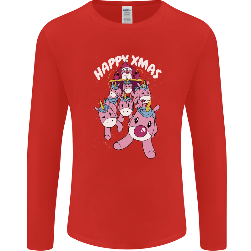 Santa's Sleight Pulled By Christmas Unicorns Xmas Mens Long Sleeve T-Shirt Red