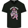 Santa's Sleight Pulled By Christmas Unicorns Xmas Mens V-Neck Cotton T-Shirt Black