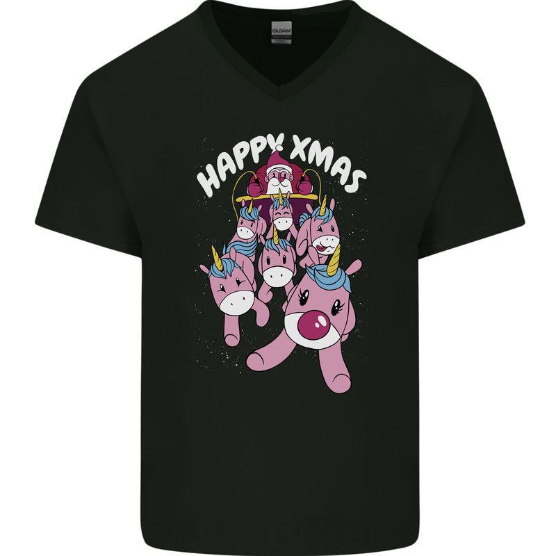 Santa's Sleight Pulled By Christmas Unicorns Xmas Mens V-Neck Cotton T-Shirt Black