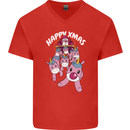 Santa's Sleight Pulled By Christmas Unicorns Xmas Mens V-Neck Cotton T-Shirt Red