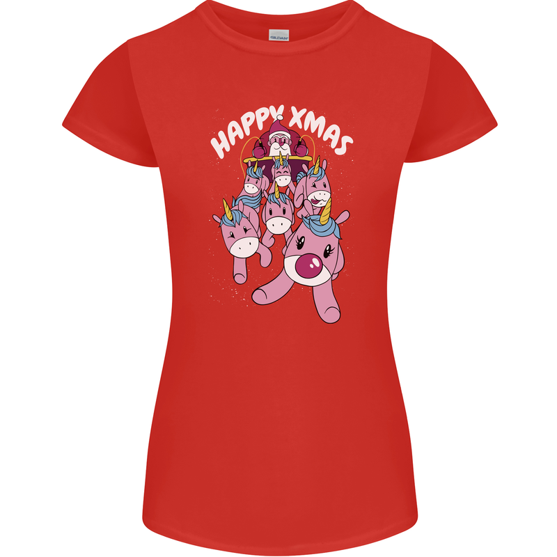 Santa's Sleight Pulled By Christmas Unicorns Xmas Womens Petite Cut T-Shirt Red