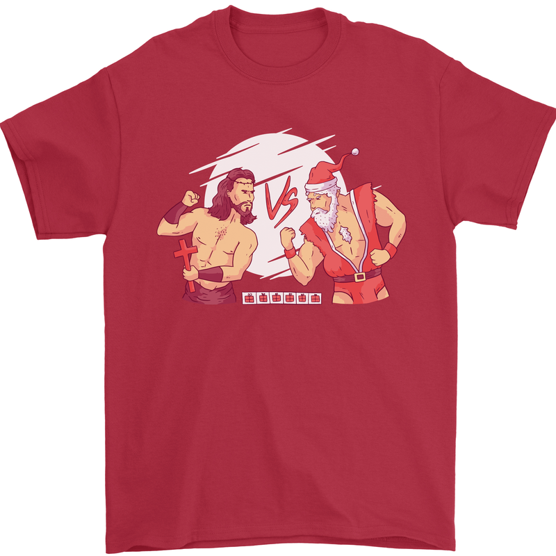 Santa v Jesus Video Game Style Christmas Xmas Mens T-Shirt 100% Cotton Red