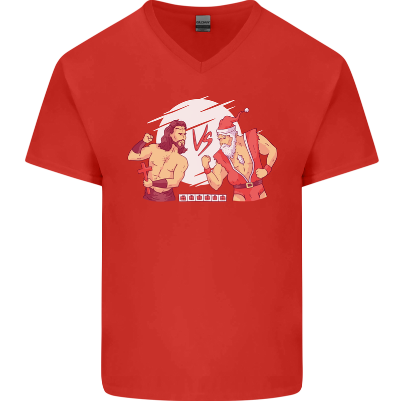 Santa v Jesus Video Game Style Christmas Xmas Mens V-Neck Cotton T-Shirt Red
