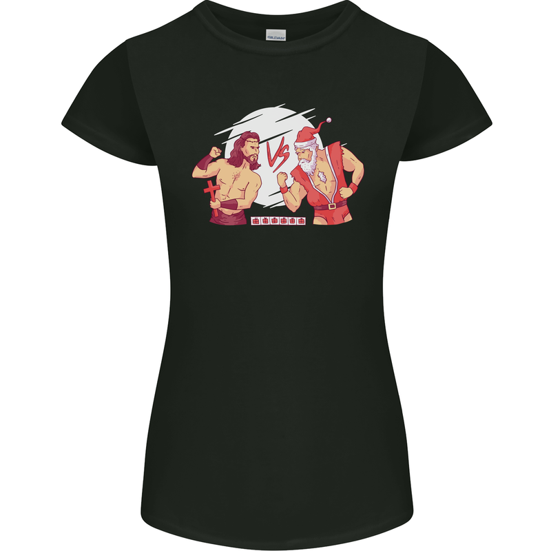 Santa v Jesus Video Game Style Christmas Xmas Womens Petite Cut T-Shirt Black