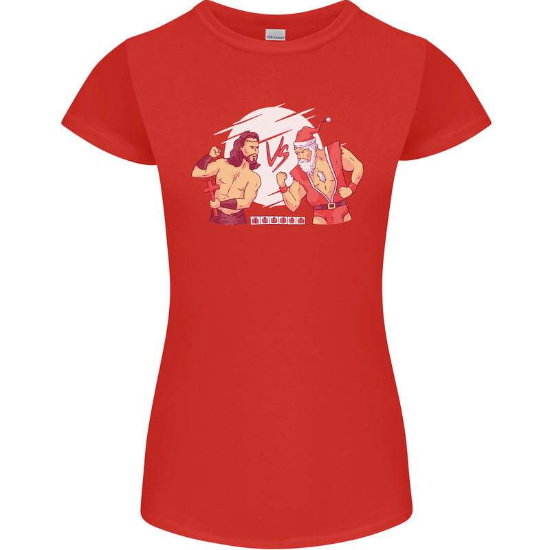 Santa v Jesus Video Game Style Christmas Xmas Womens Petite Cut T-Shirt Red