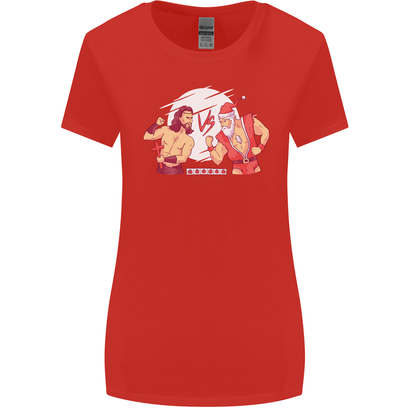 Santa v Jesus Video Game Style Christmas Xmas Womens Wider Cut T-Shirt Red