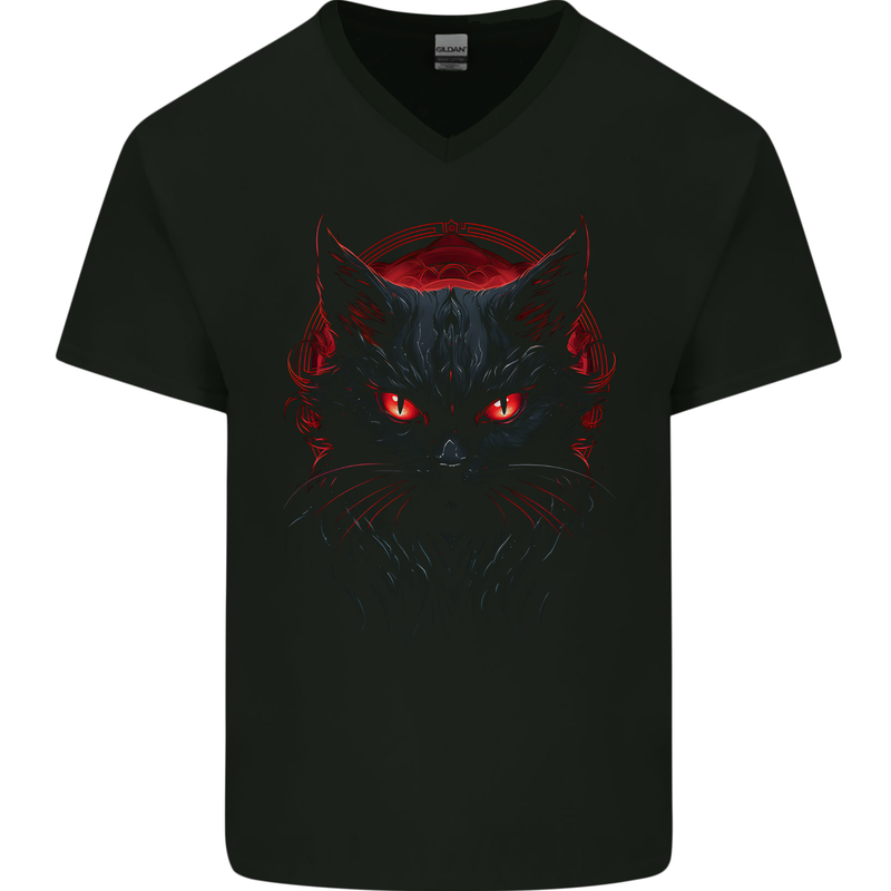 Satanic Cat Evil Halloween Mens V-Neck Cotton T-Shirt Black