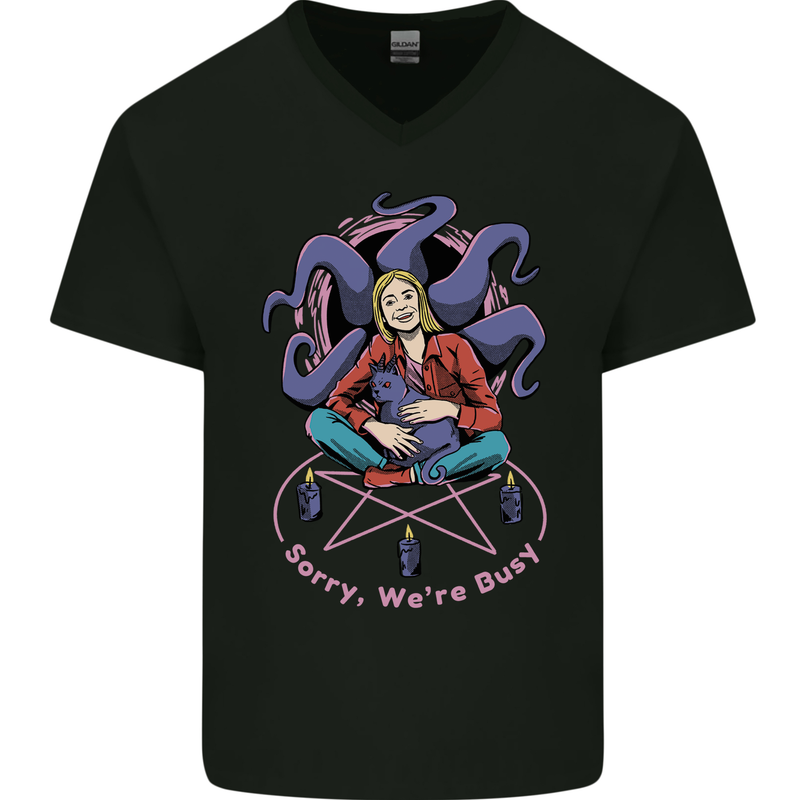 Satanic Cat Mum Black Magic Witch Halloween Mens V-Neck Cotton T-Shirt Black