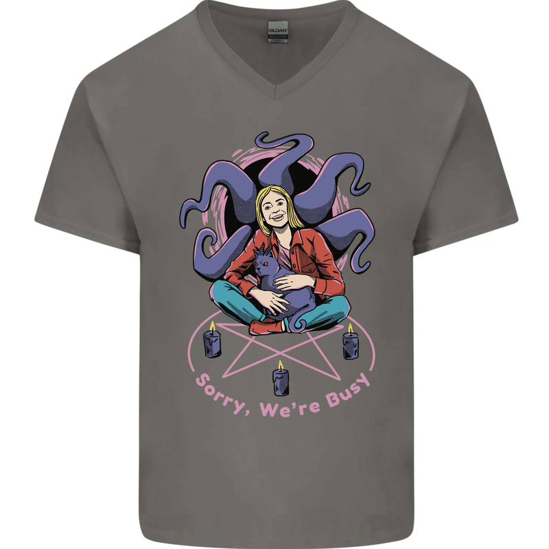 Satanic Cat Mum Black Magic Witch Halloween Mens V-Neck Cotton T-Shirt Charcoal
