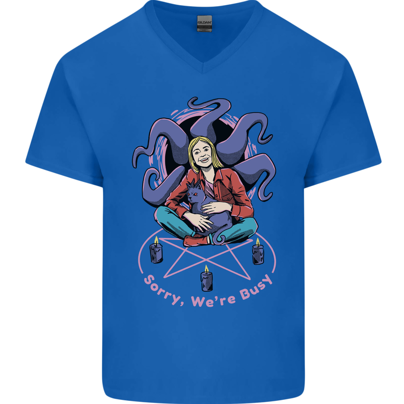 Satanic Cat Mum Black Magic Witch Halloween Mens V-Neck Cotton T-Shirt Royal Blue