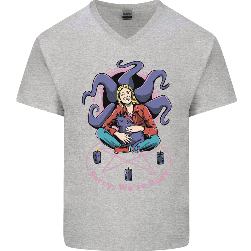 Satanic Cat Mum Black Magic Witch Halloween Mens V-Neck Cotton T-Shirt Sports Grey