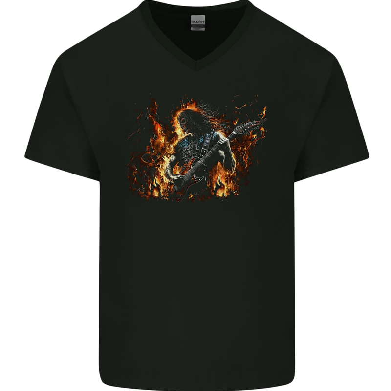 Satanic Rocker Rock n Roll Heavy Metal Guitar Skull Mens V-Neck Cotton T-Shirt Black