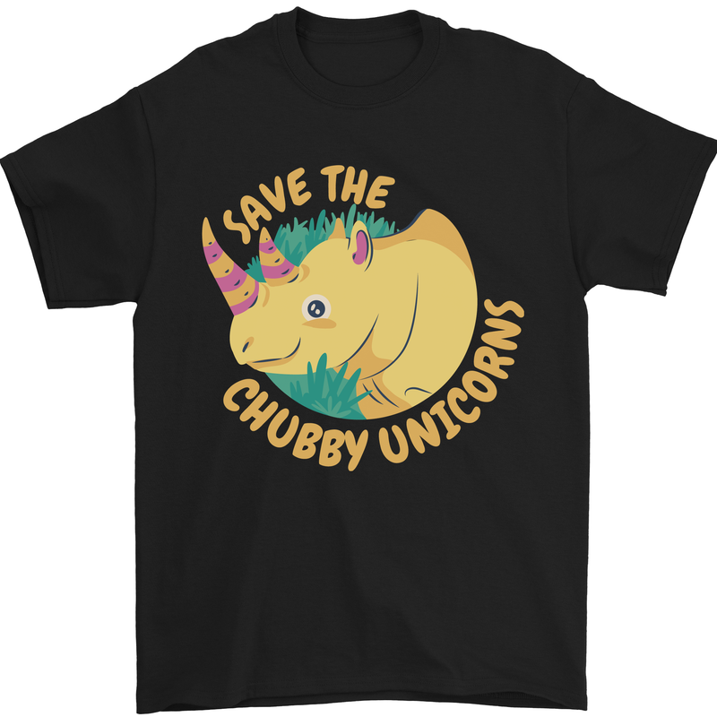 a black t - shirt with an image of a rhino that says save the chubby unicorns