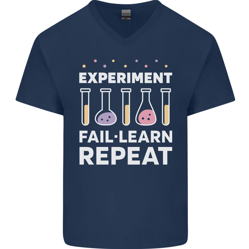 Science Experiment Fail Repeat Chemistry Geek Mens V-Neck Cotton T-Shirt Navy Blue
