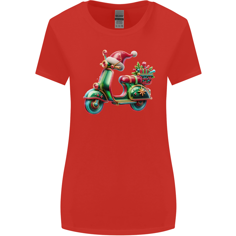 Scooter Christmas Hat MOD Moped Xmas Womens Wider Cut T-Shirt Red