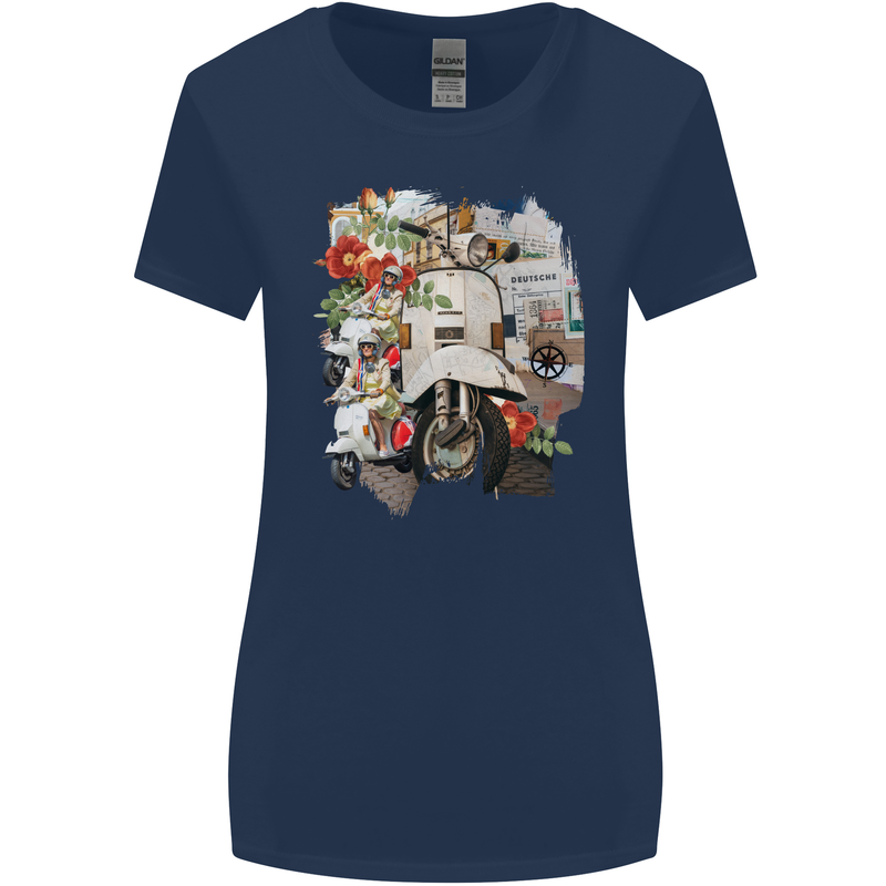 Scooter Colage MOD Culture Moped Bike Womens Wider Cut T-Shirt Navy Blue