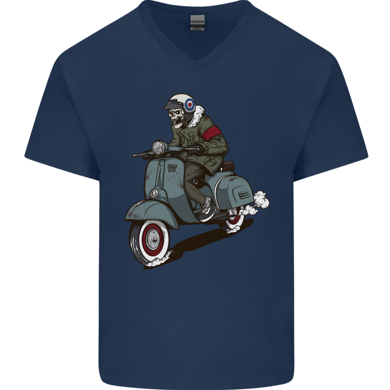 Scooter Skull Biker Motorcycle MOD Mens V-Neck Cotton T-Shirt Navy Blue