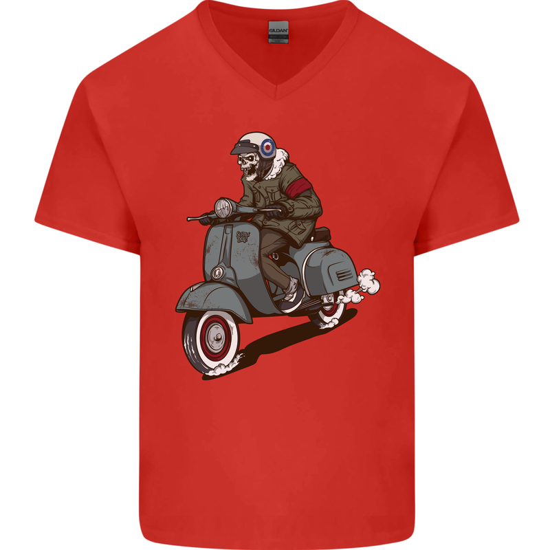Scooter Skull Biker Motorcycle MOD Mens V-Neck Cotton T-Shirt Red