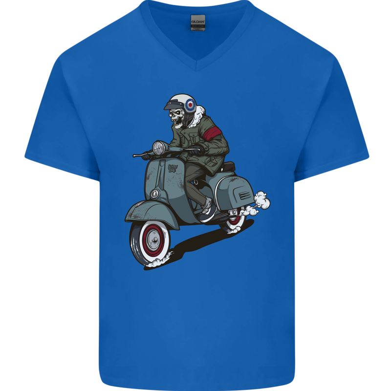 Scooter Skull Biker Motorcycle MOD Mens V-Neck Cotton T-Shirt Royal Blue