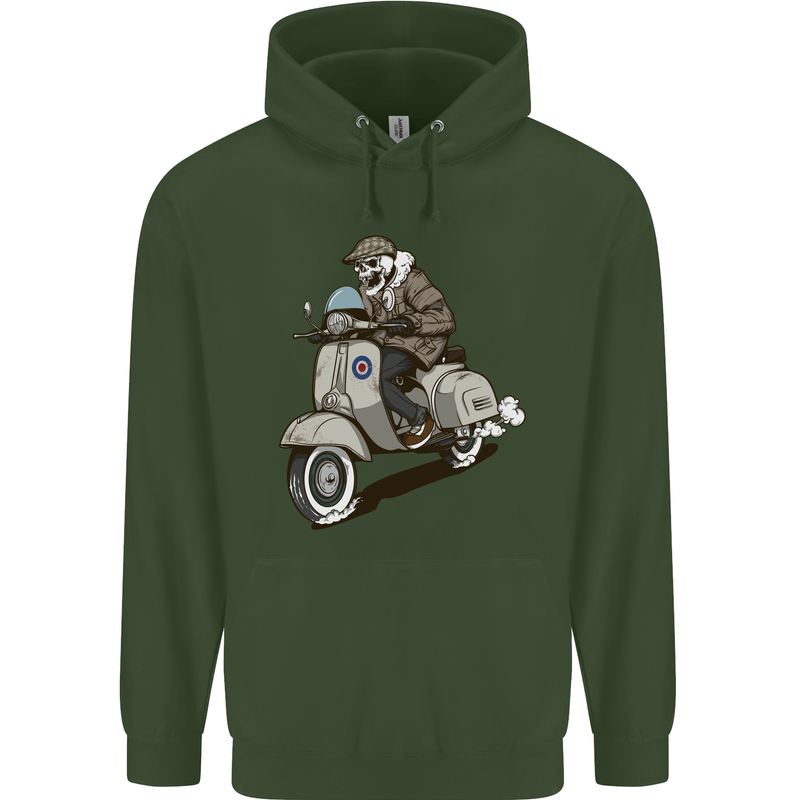 Scooter Skull Motorcycle Biker MOD Childrens Kids Hoodie Forest Green