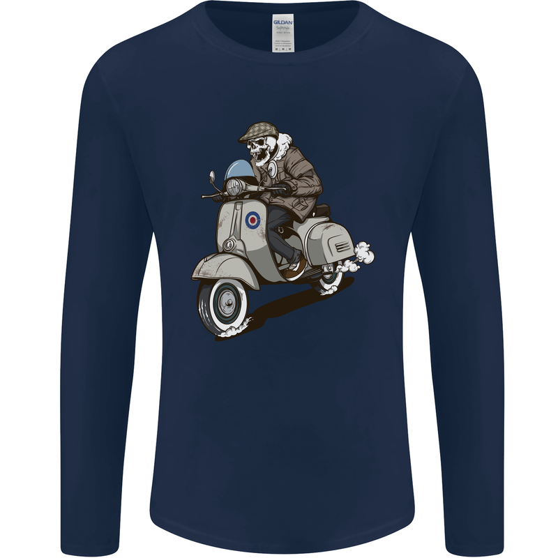 Scooter Skull Motorcycle Biker MOD Mens Long Sleeve T-Shirt Navy Blue