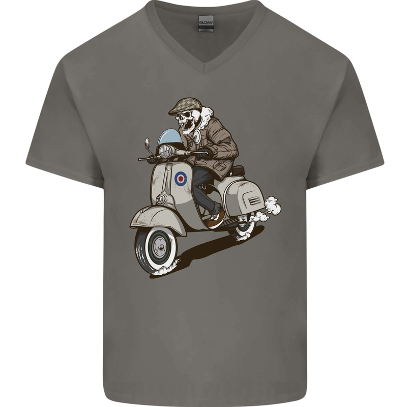 Scooter Skull Motorcycle Biker MOD Mens V-Neck Cotton T-Shirt Charcoal