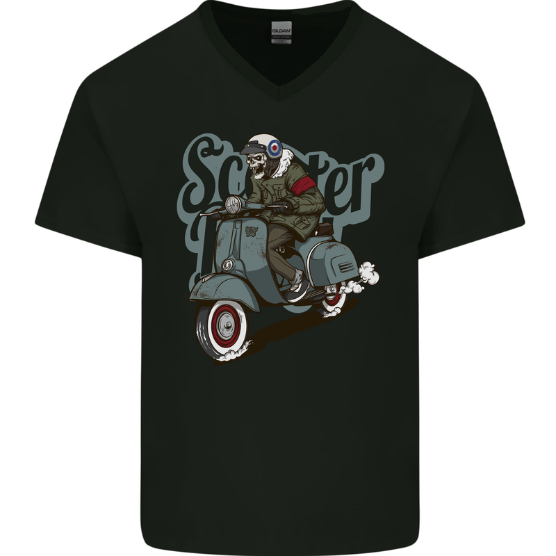Scooter Skull Motorcycle MOD Biker Mens V-Neck Cotton T-Shirt Black