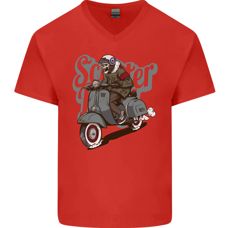 Scooter Skull Motorcycle MOD Biker Mens V-Neck Cotton T-Shirt Red