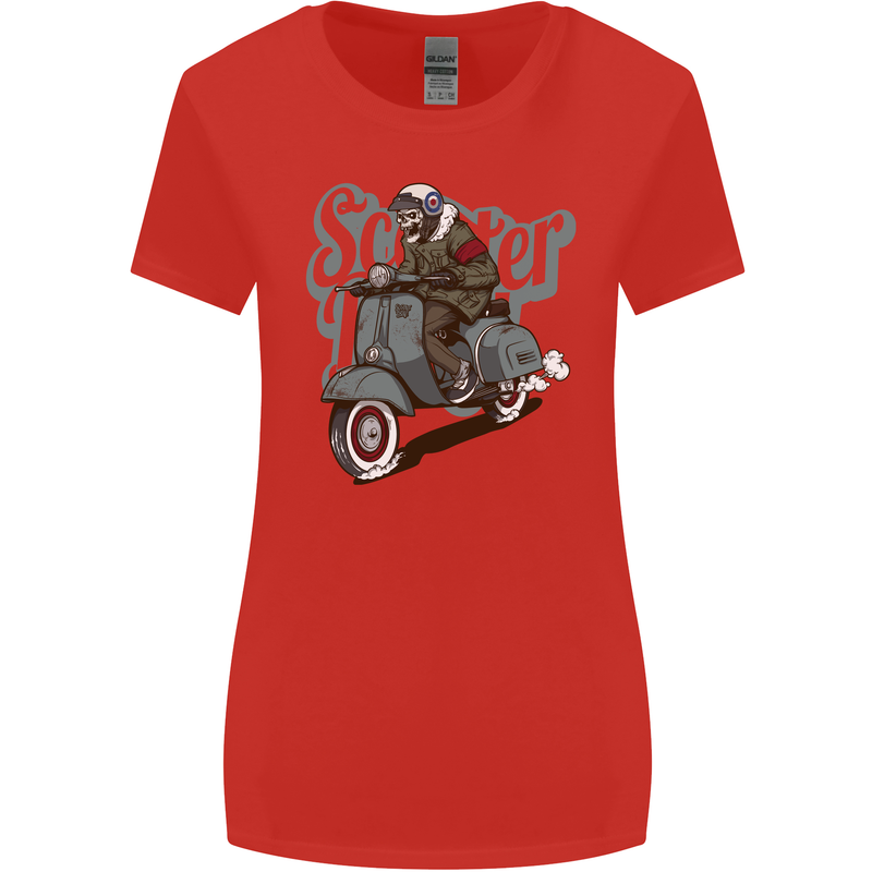 Scooter Skull Motorcycle MOD Biker Womens Wider Cut T-Shirt Red