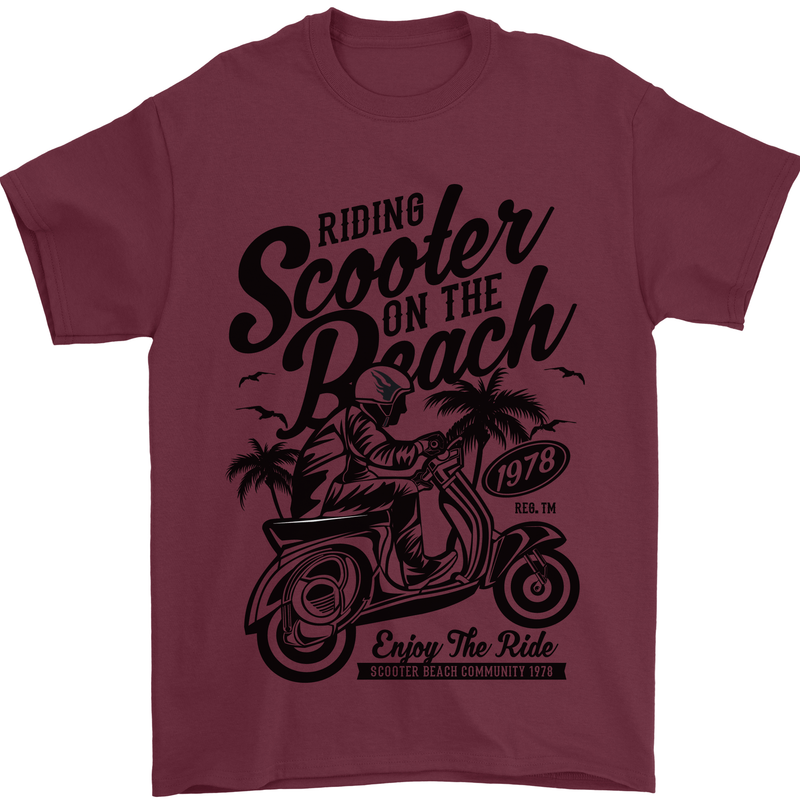 Scooter on the Beach MOD Mens T-Shirt 100% Cotton Maroon