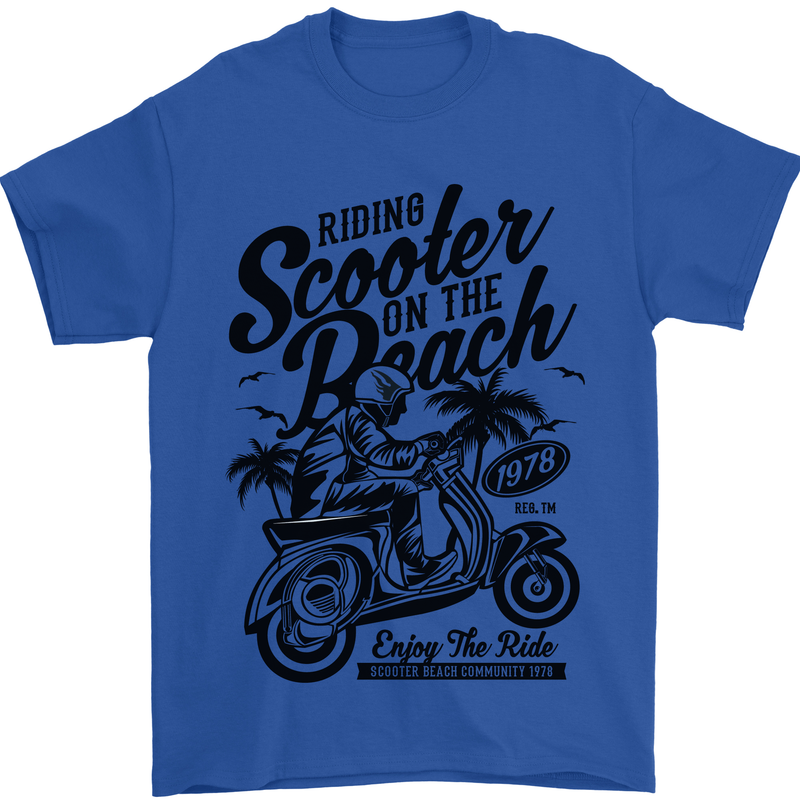 Scooter on the Beach MOD Mens T-Shirt 100% Cotton Royal Blue