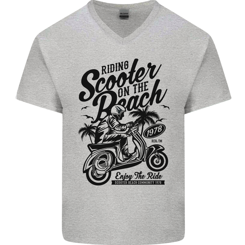 Scooter on the Beach MOD Mens V-Neck Cotton T-Shirt Sports Grey