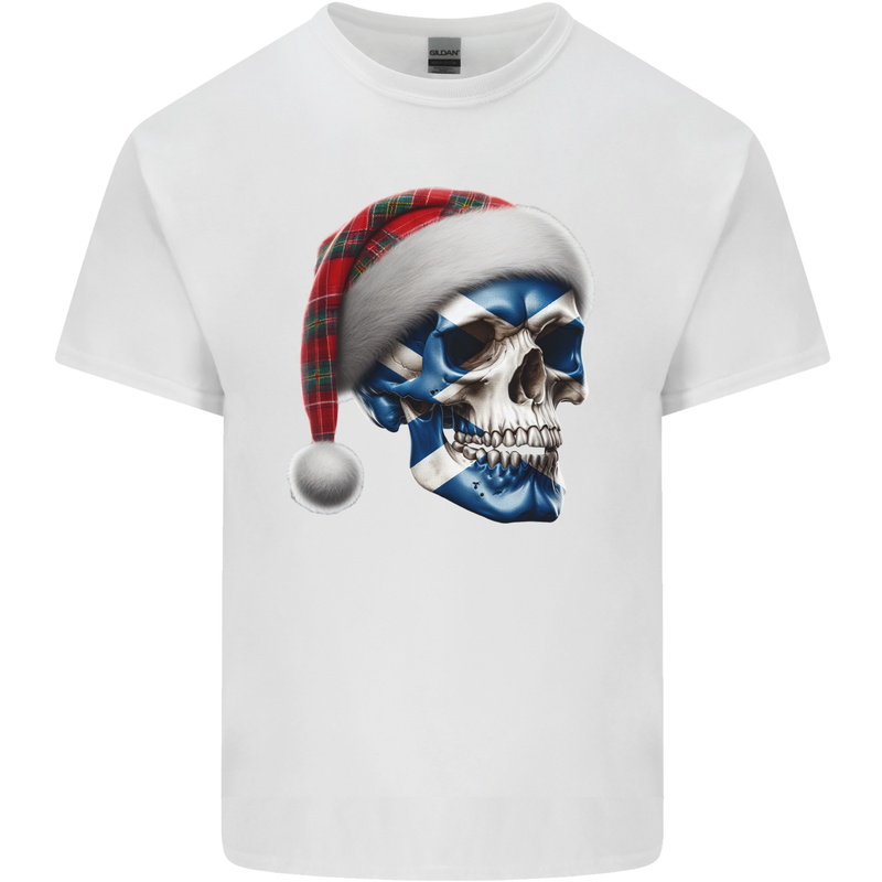 Scotland Christmas Skull Xmas Scottish Flag Biker Mens Cotton T-Shirt Tee Top White