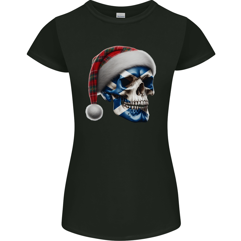 Scotland Christmas Skull Xmas Scottish Flag Biker Womens Petite Cut T-Shirt Black