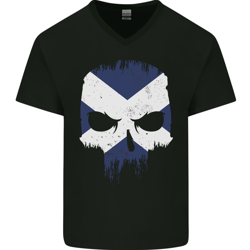 Scotland Skull Scottish Gym Flag Biker Mens V-Neck Cotton T-Shirt Black