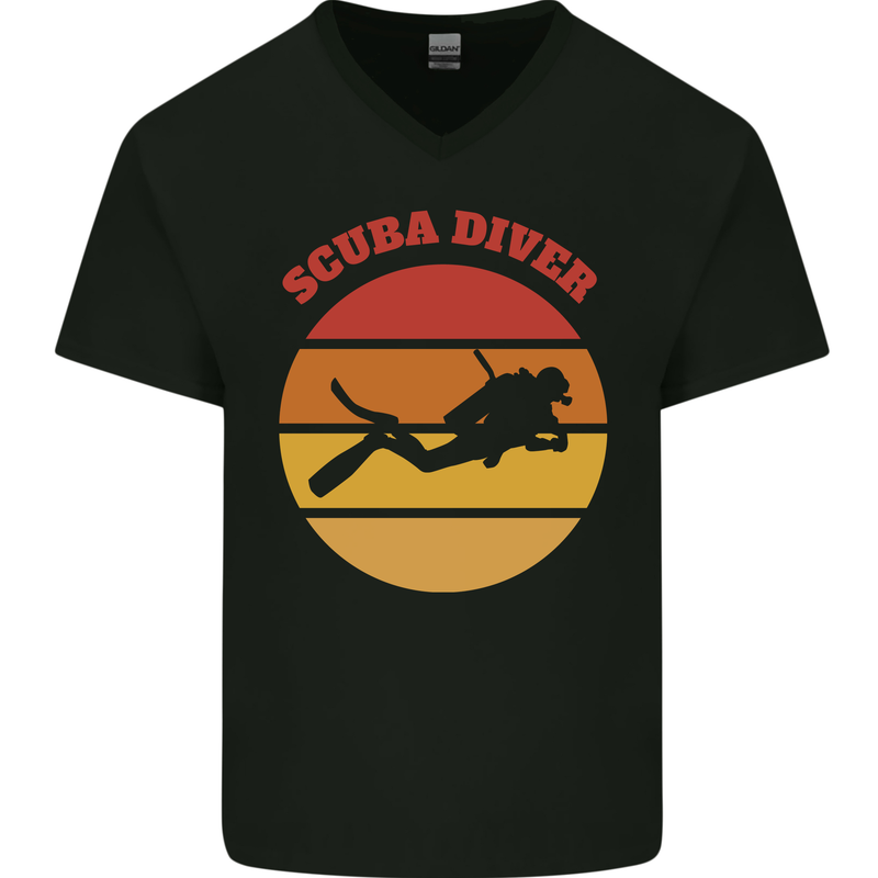 Scuba Diver Silhouette Mens V-Neck Cotton T-Shirt Black