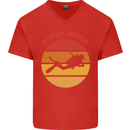 Scuba Diver Silhouette Mens V-Neck Cotton T-Shirt Red