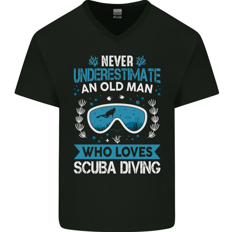 Scuba Diving Never Underestimate Old Man Funny Mens V-Neck Cotton T-Shirt Black