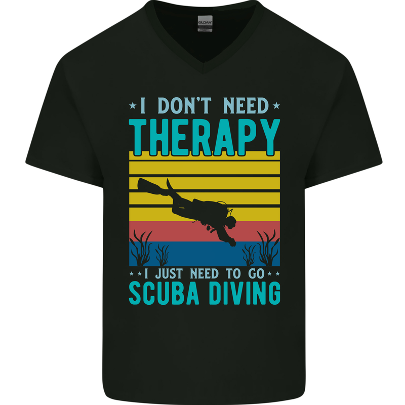 Scuba Diving Therapy Funny Diver Mens V-Neck Cotton T-Shirt Black