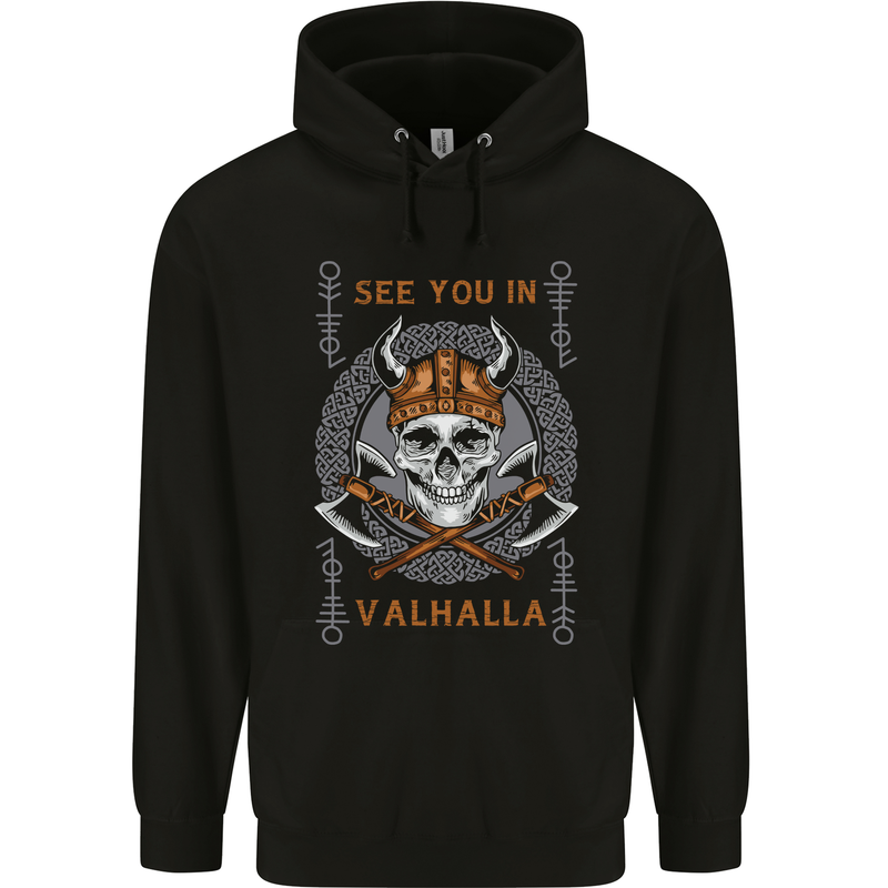 See You in Valhalla Viking Skull and Symbols Childrens Kids Hoodie Black