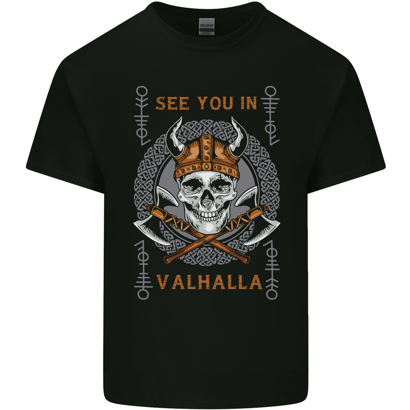 See You in Valhalla Viking Skull and Symbols Kids T-Shirt Childrens Black