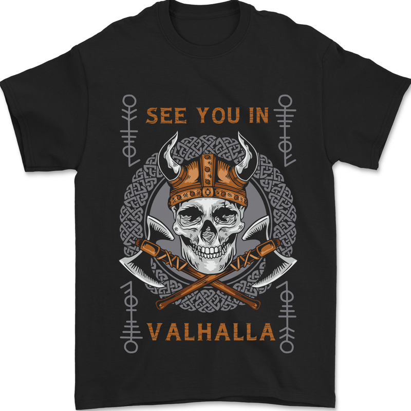 See You in Valhalla Viking Skull and Symbols Mens T-Shirt 100% Cotton Black