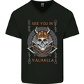 See You in Valhalla Viking Skull and Symbols Mens V-Neck Cotton T-Shirt Black