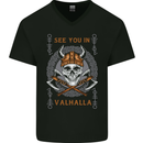 See You in Valhalla Viking Skull and Symbols Mens V-Neck Cotton T-Shirt Black